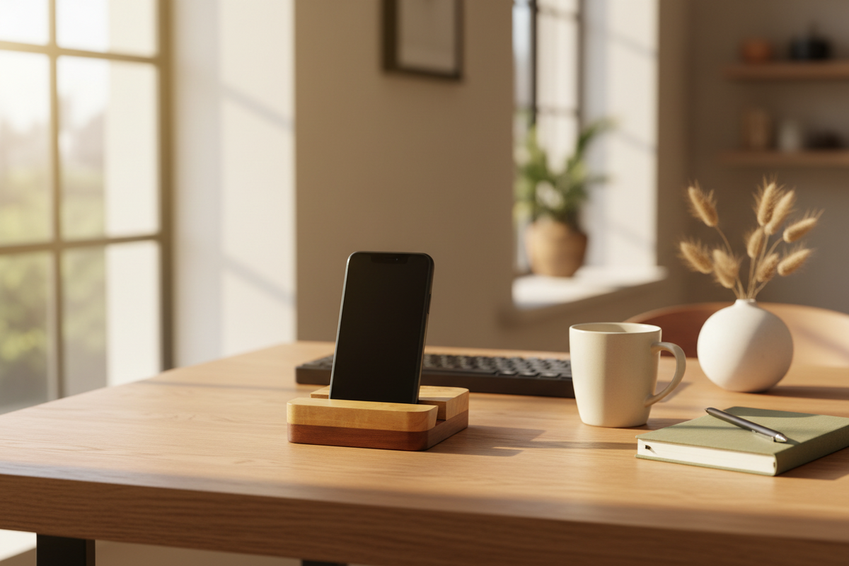 Wooden desk with smartphone on stand, keyboard, mug, notebook, and pen in a bright room.