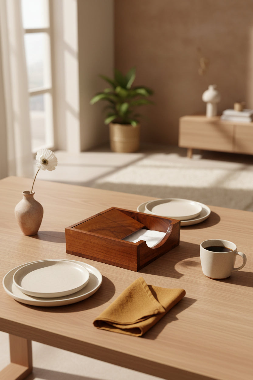 Wooden tissue holder with white tissues in a dining room setting