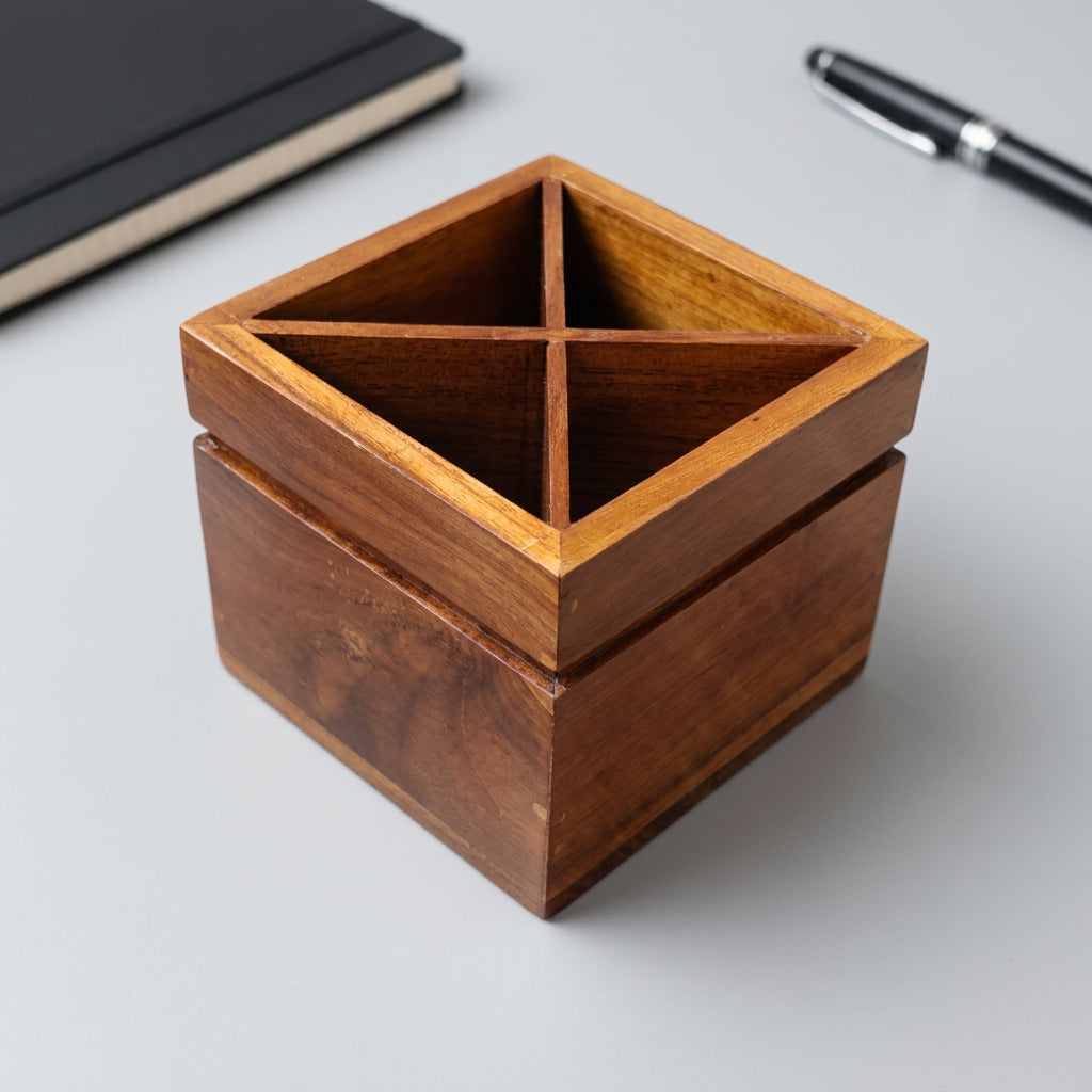 Wooden cutlery box with compartments on a white background