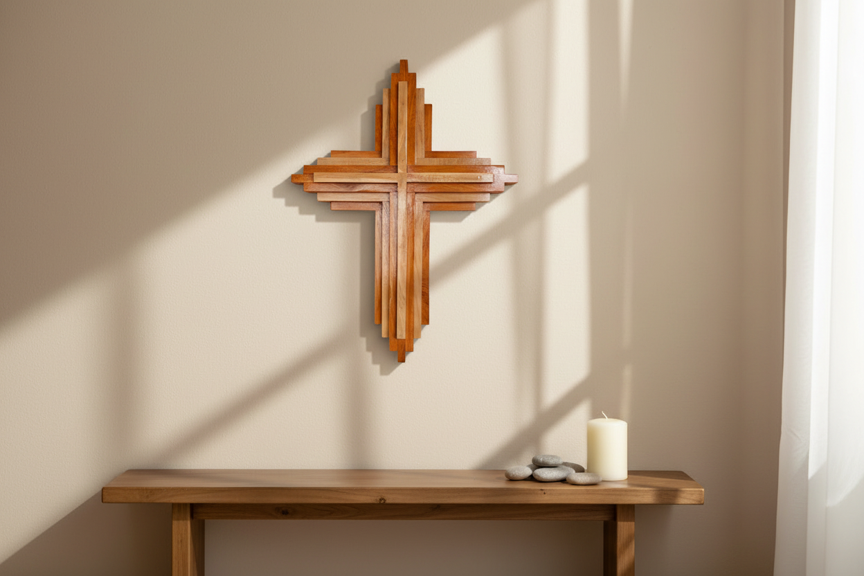Decorative wooden wall cross for altar or meditation space.