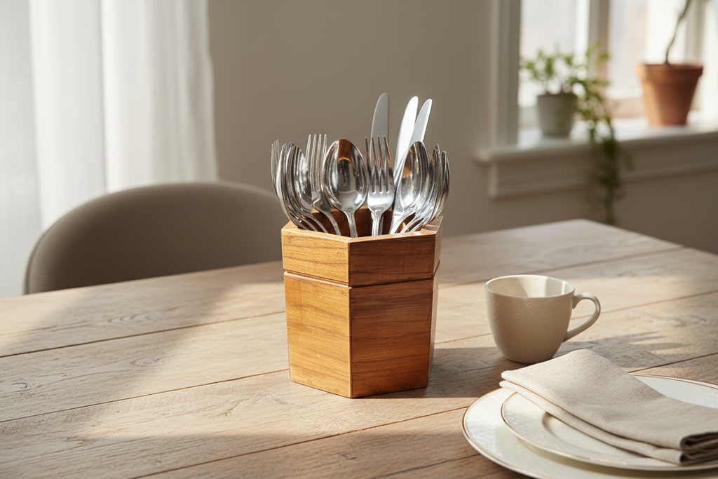 Geometric hexagon wooden stand for cutlery storage or desk pen holder.