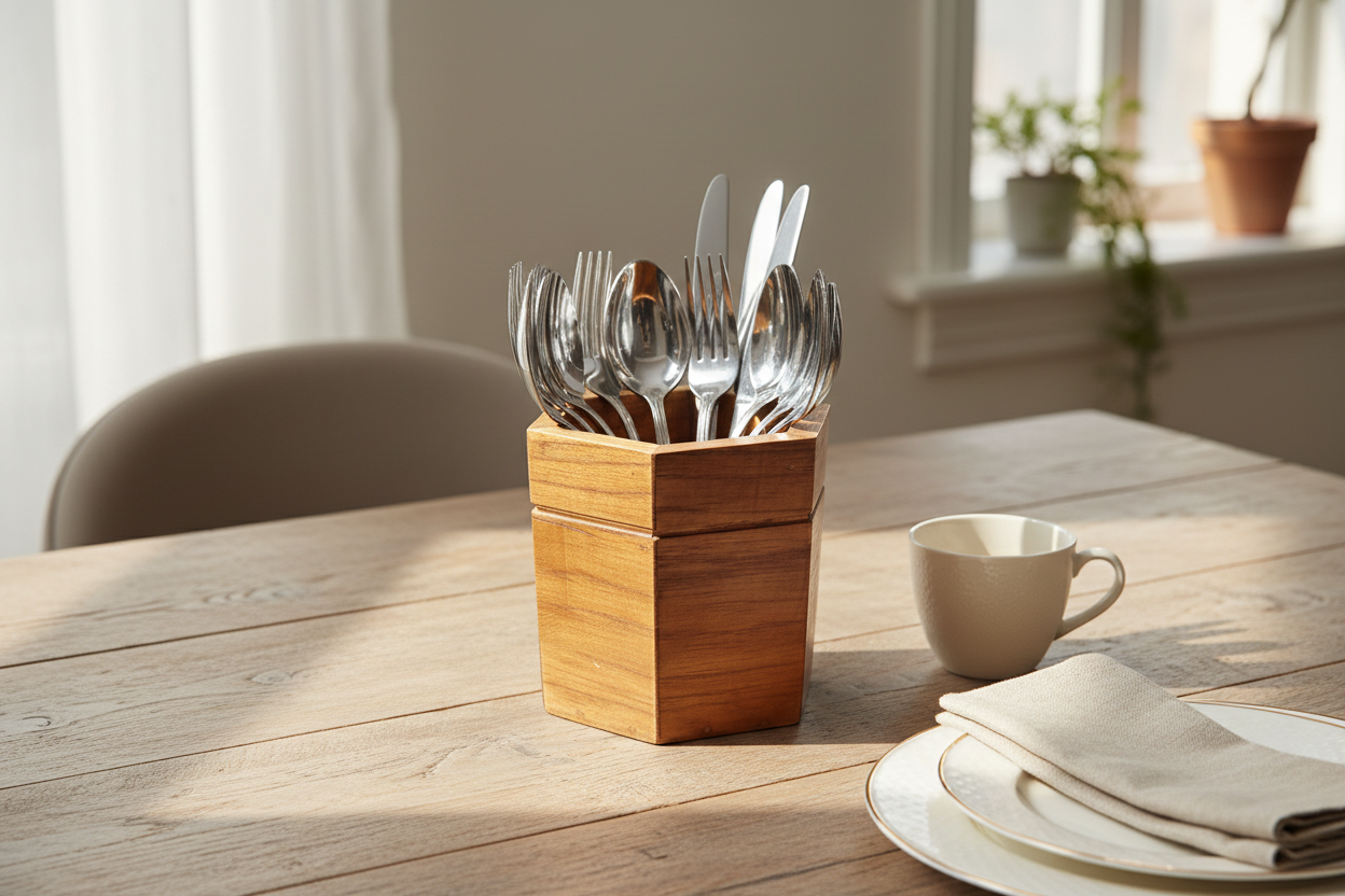 Geometric hexagon wooden stand for cutlery storage or desk pen holder.