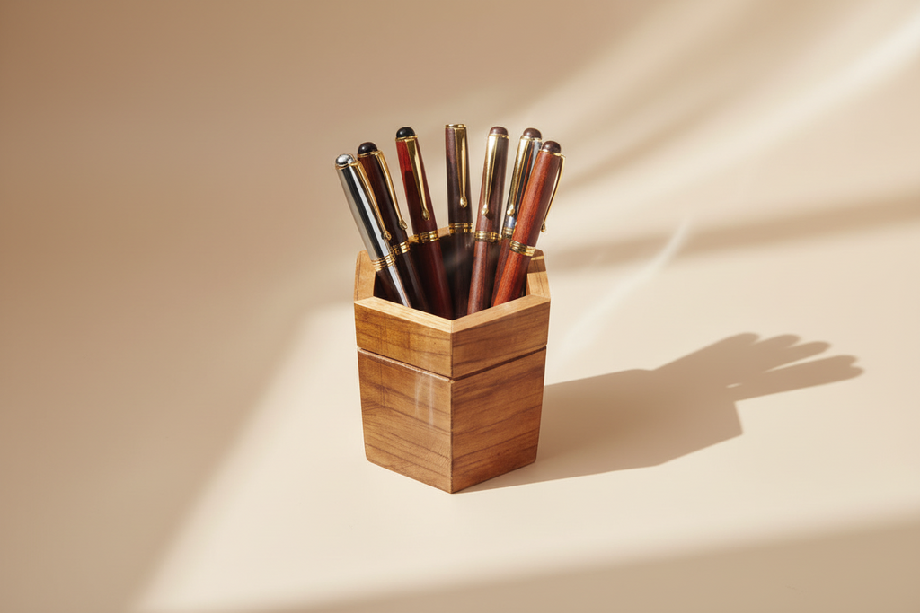 Handcrafted hexagon wooden cutlery stand and pen holder for desk or kitchen.