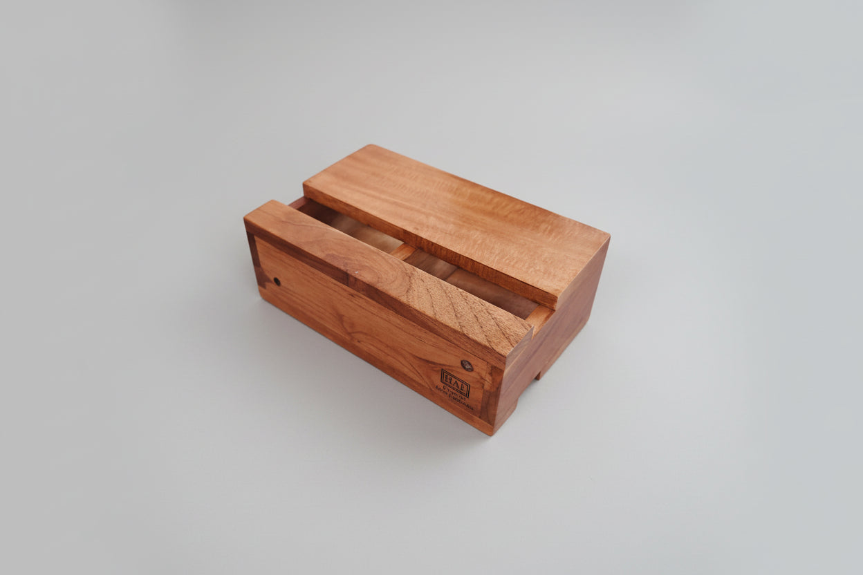 Handcrafted wooden 2-compartment cutlery holder with base stand, natural finish table organizer for dining and kitchen use