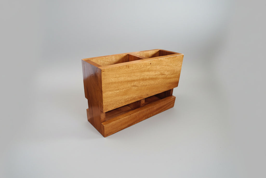 Handcrafted wooden 2-compartment cutlery holder with base stand, natural finish table organizer for dining and kitchen use