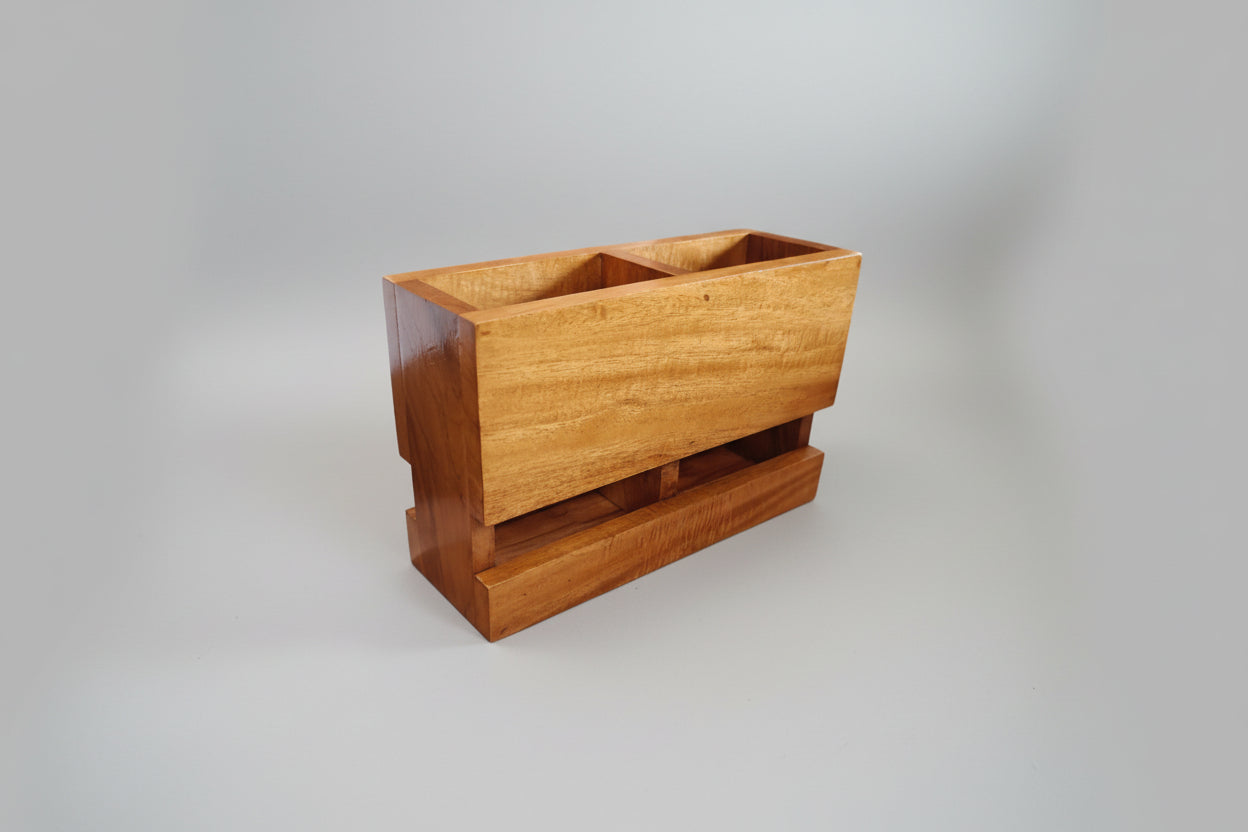 Handcrafted wooden 2-compartment cutlery holder with base stand, natural finish table organizer for dining and kitchen use
