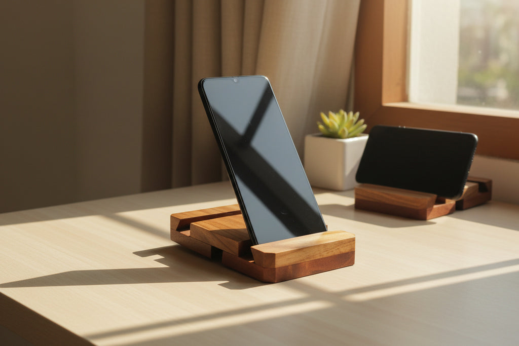 Handcrafted wooden 3-way mobile stand with multi-angle phone viewing for desk.