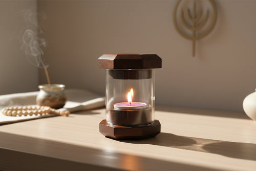 Handcrafted wooden tea light holder designed for altar and prayer tables.
