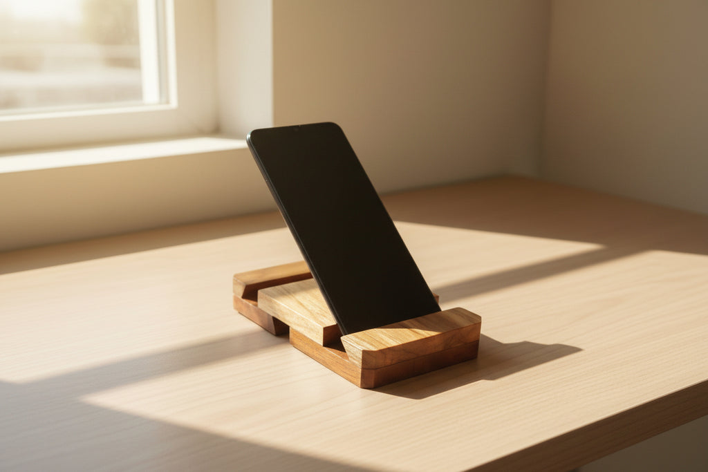 Handmade wooden 3-position mobile stand for smartphone desk setup.