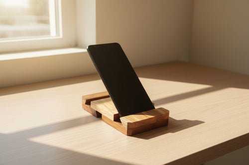 Handmade wooden 3-position mobile stand for smartphone desk setup.