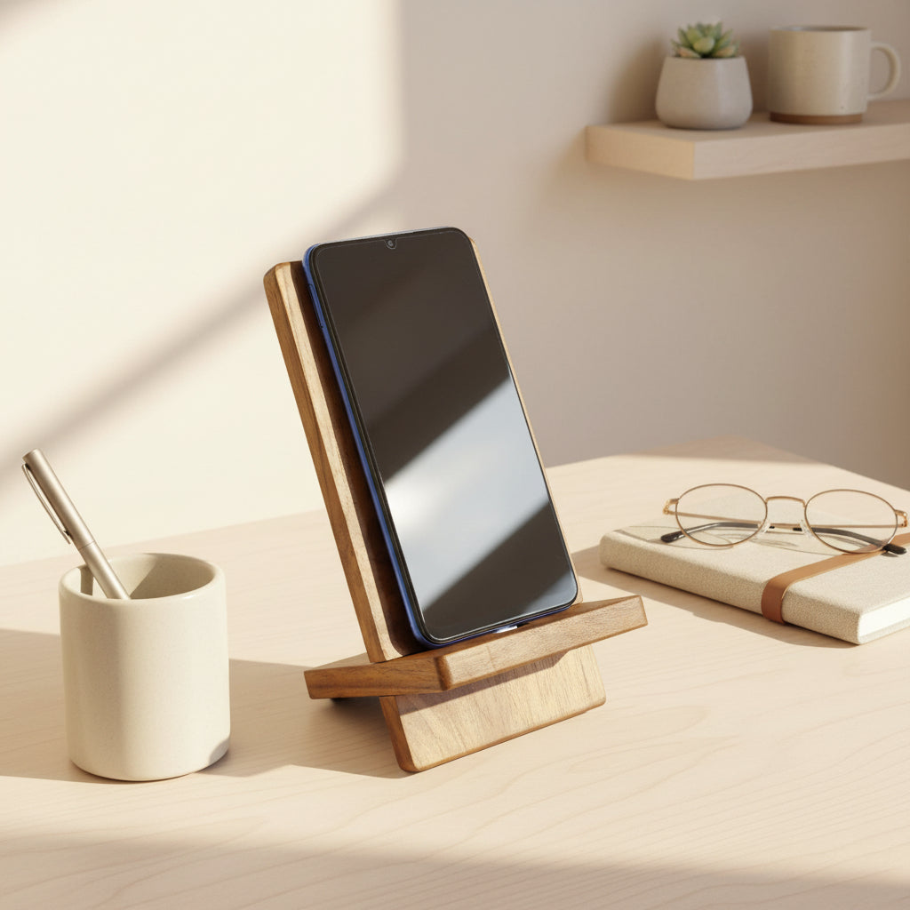Interlocking wooden mobile stand placed in an organized workspace setup