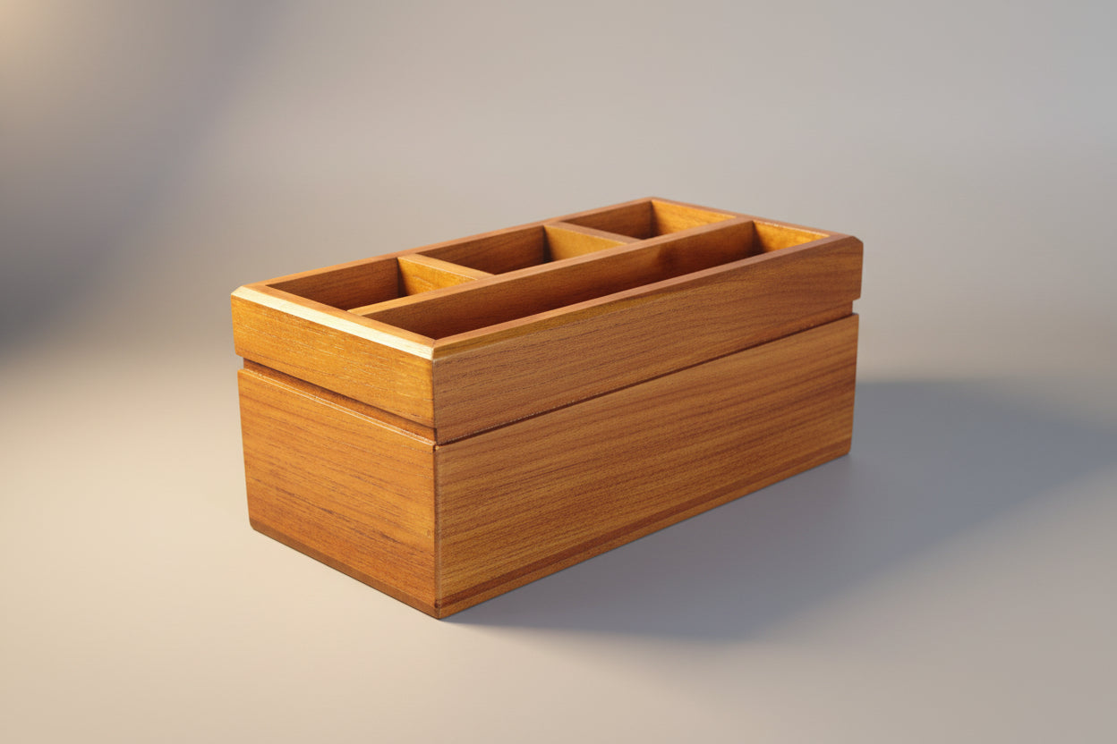 Luxury wooden cutlery organizer with tissue holder on a clean white background