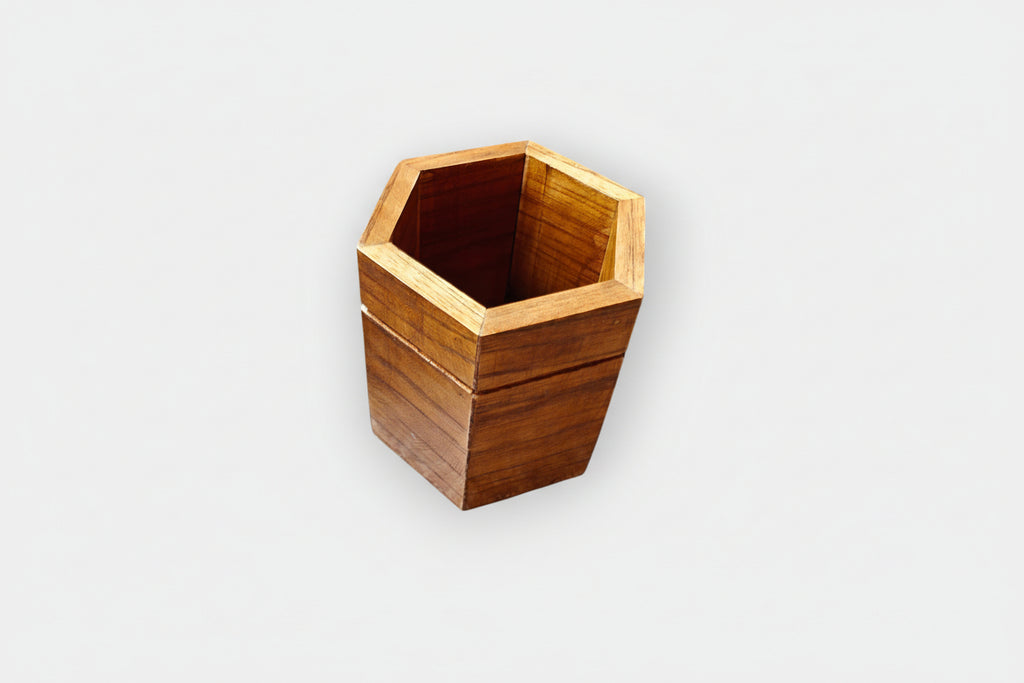 Minimalist hexagon wooden pen stand and cutlery holder for modern interiors