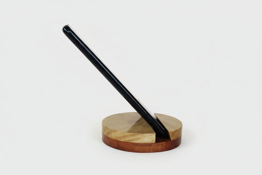 Round wooden mobile stand by House of Anna Fernandes handcrafted phone holder for desk or bedside