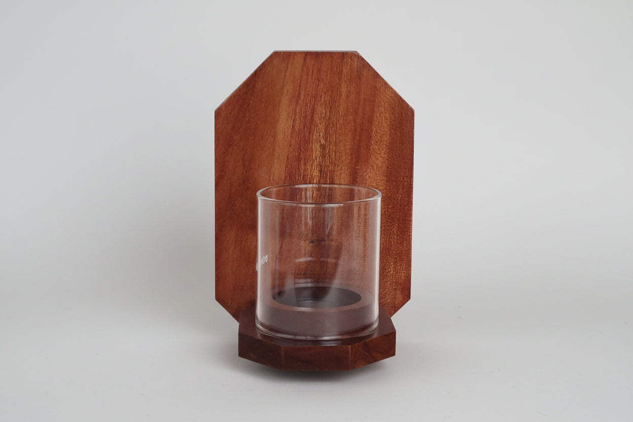 Handcrafted octagon wall-mounted wooden tea light candle holder for home décor.
