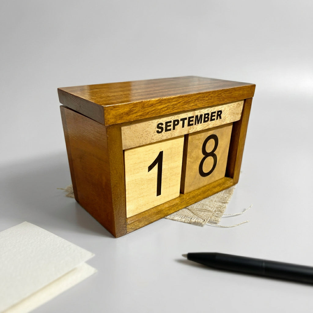 A vintage wooden calendar block displaying September 18th, featuring a warm medium-brown wood body with light natural wood panels and black printed text and numbers, isolated on a white background.