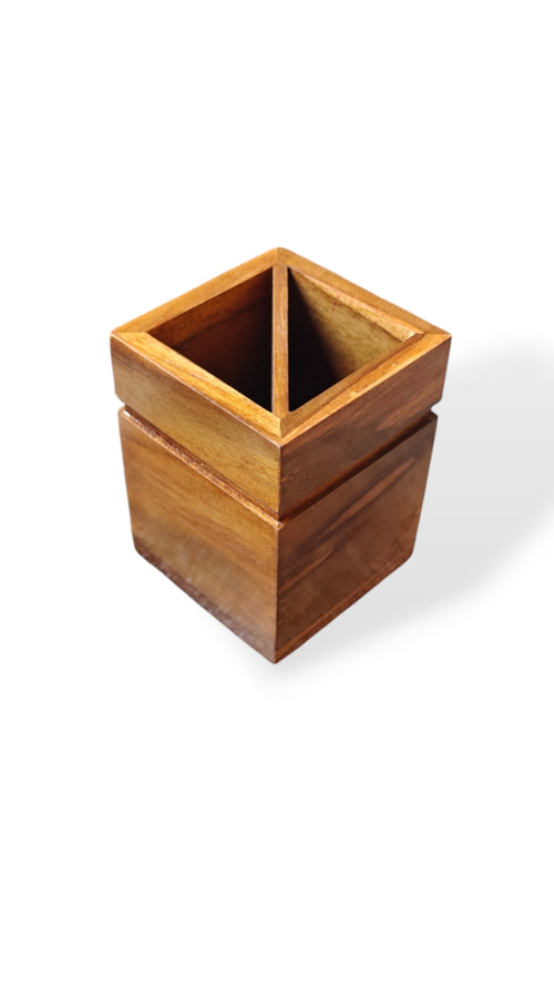 Handcrafted Wooden Cutlery Holder | Dual Compartment Table Organizer