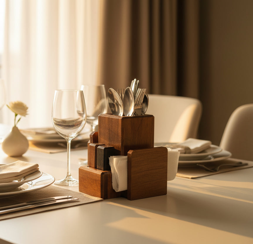 Premium handcrafted wooden cutlery organizer centerpiece with elegant natural finish for modern dining decor