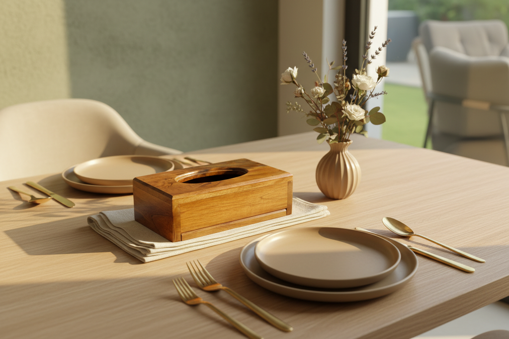 Dining table setting with plates, cutlery, and a wooden tissue box on a light wood surface.