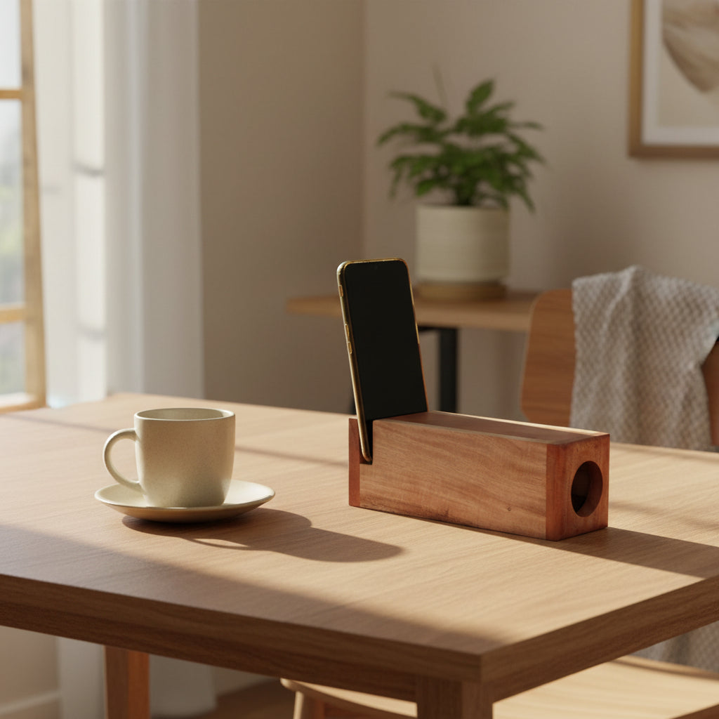Rectangular wooden boom box speaker stand with vintage radio design.