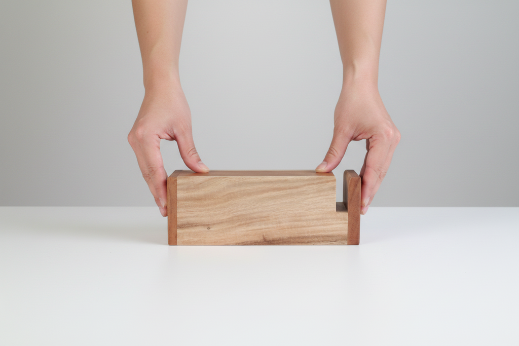 Wooden boom box held by hands on a white surface with a gray background