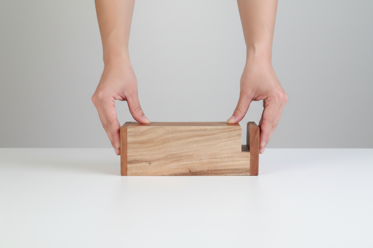 Wooden boom box held by hands on a white surface with a gray background