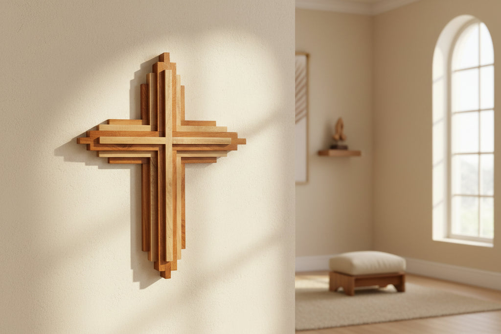 Rustic handcrafted wooden cross for wall décor.