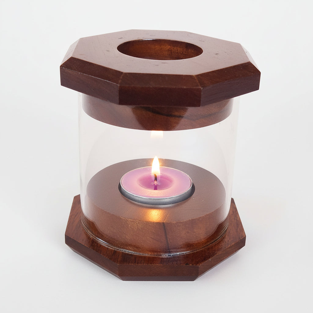 Rustic wooden tea light altar lamp creating a soft candlelight glow.