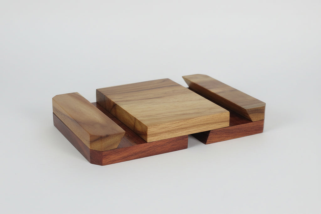 Solid wood 3-way mobile holder designed for horizontal and vertical phone placement.