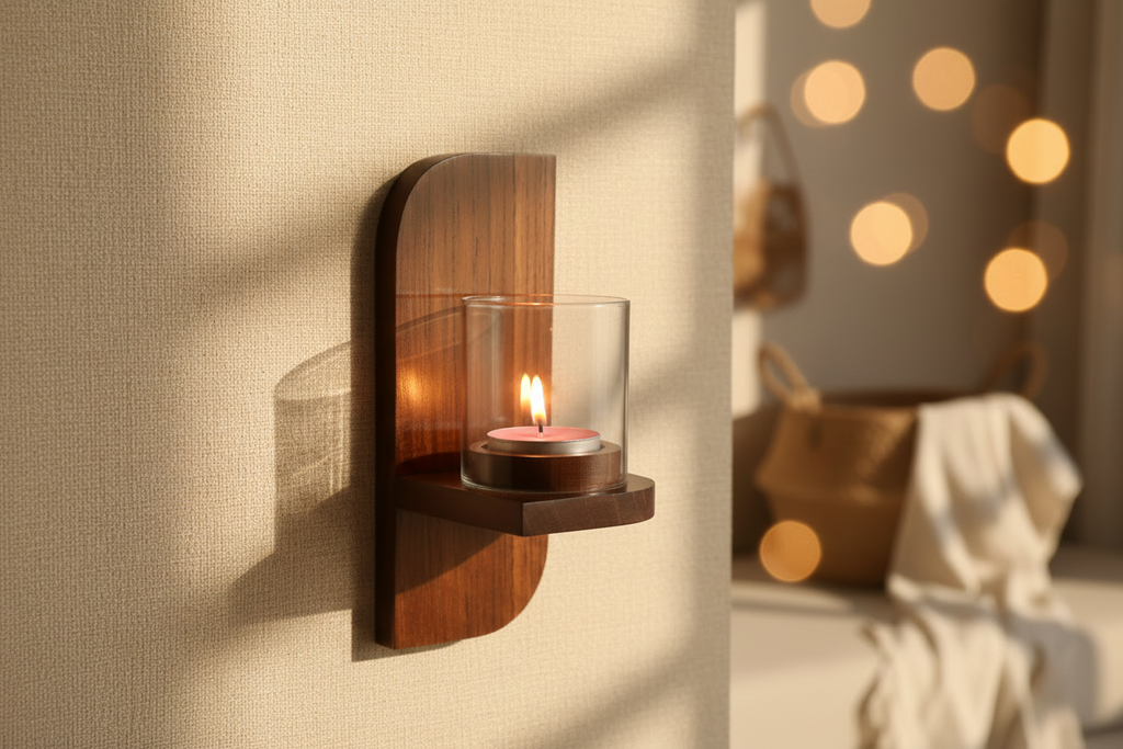 Solid wood rectangle wall tea light holder for living room or hallway décor.