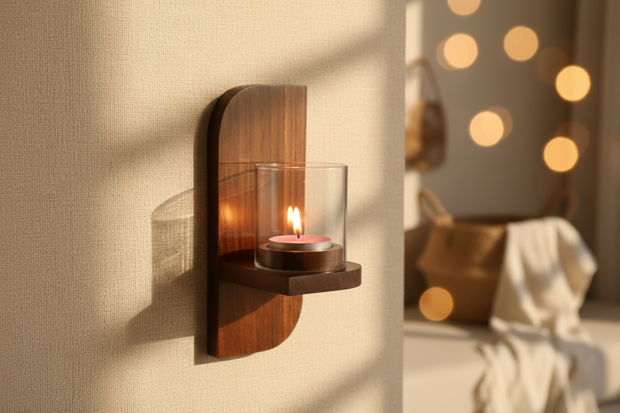 Solid wood rectangle wall tea light holder for living room or hallway décor.