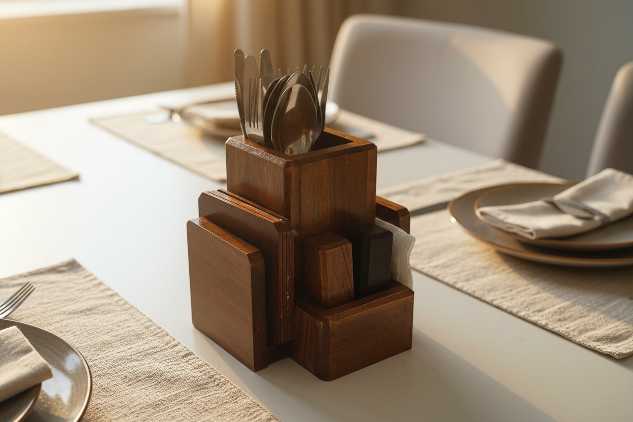 Handcrafted wooden cutlery organizer centerpiece with multiple compartments, natural wood finish for dining table