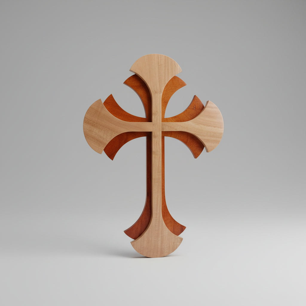 A wooden wall cross with layered, scalloped cutouts in light and dark natural wood tones, shown against a plain beige wall.