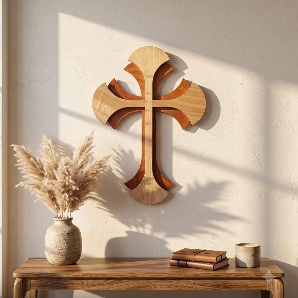 A wooden wall cross with layered organic cutouts, displayed on a beige wall above a wooden console table with pampas grass, books, and a candle.