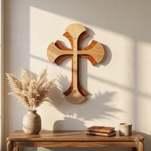A wooden wall cross with layered organic cutouts, displayed on a beige wall above a wooden console table with pampas grass, books, and a candle.
