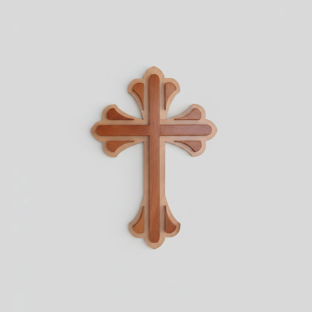 A wooden decorative cross with layered, scalloped edges mounted on a plain, light beige wall.
