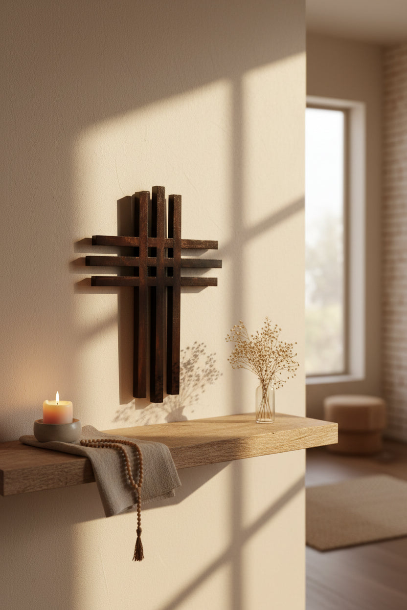 A modern Walnut wooden wall  geometric cross design mounted on a plain beige wall.