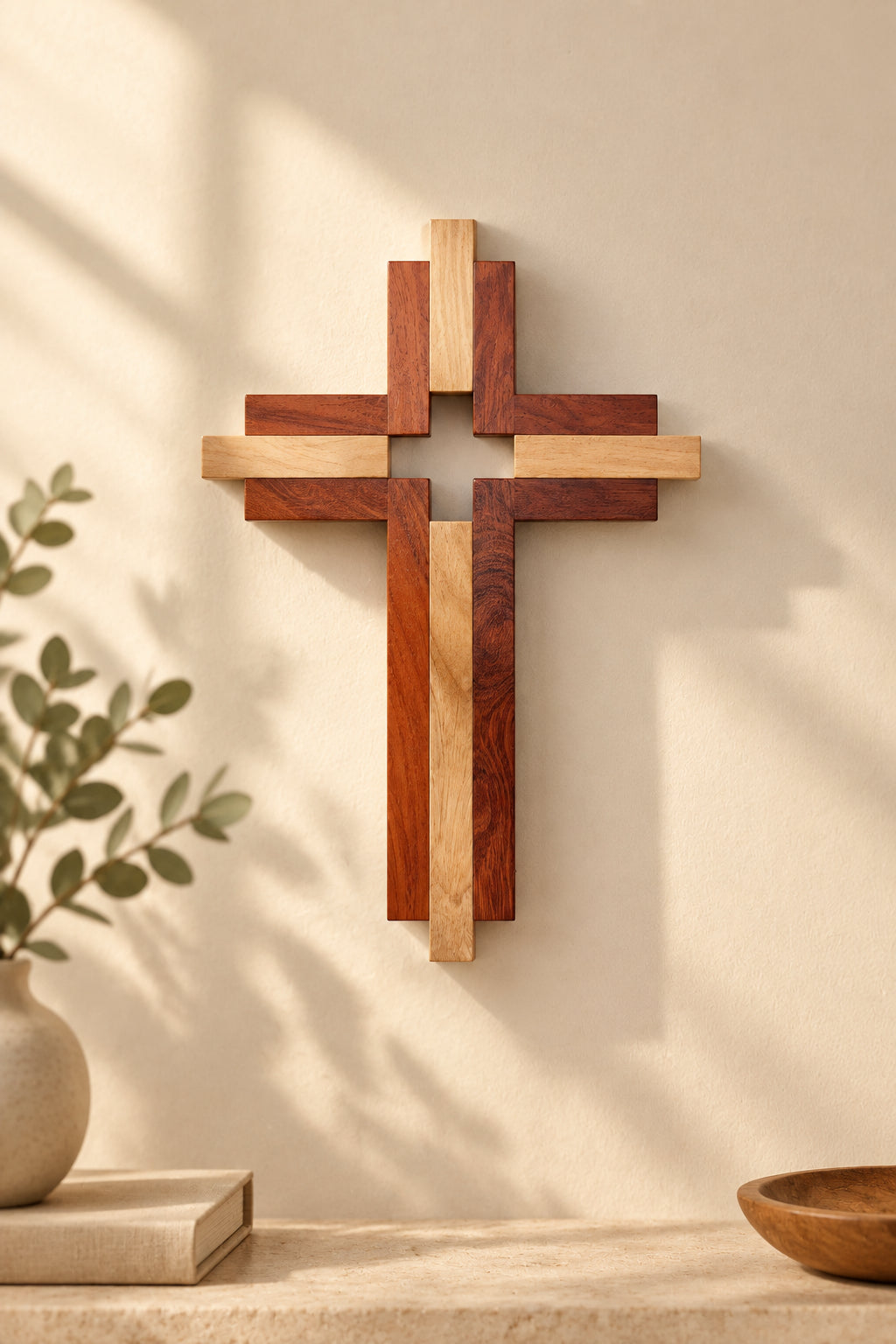 A wooden cross wall decor piece with layered wood strips in natural light brown, reddish-brown, and dark brown, mounted on a solid beige wall.