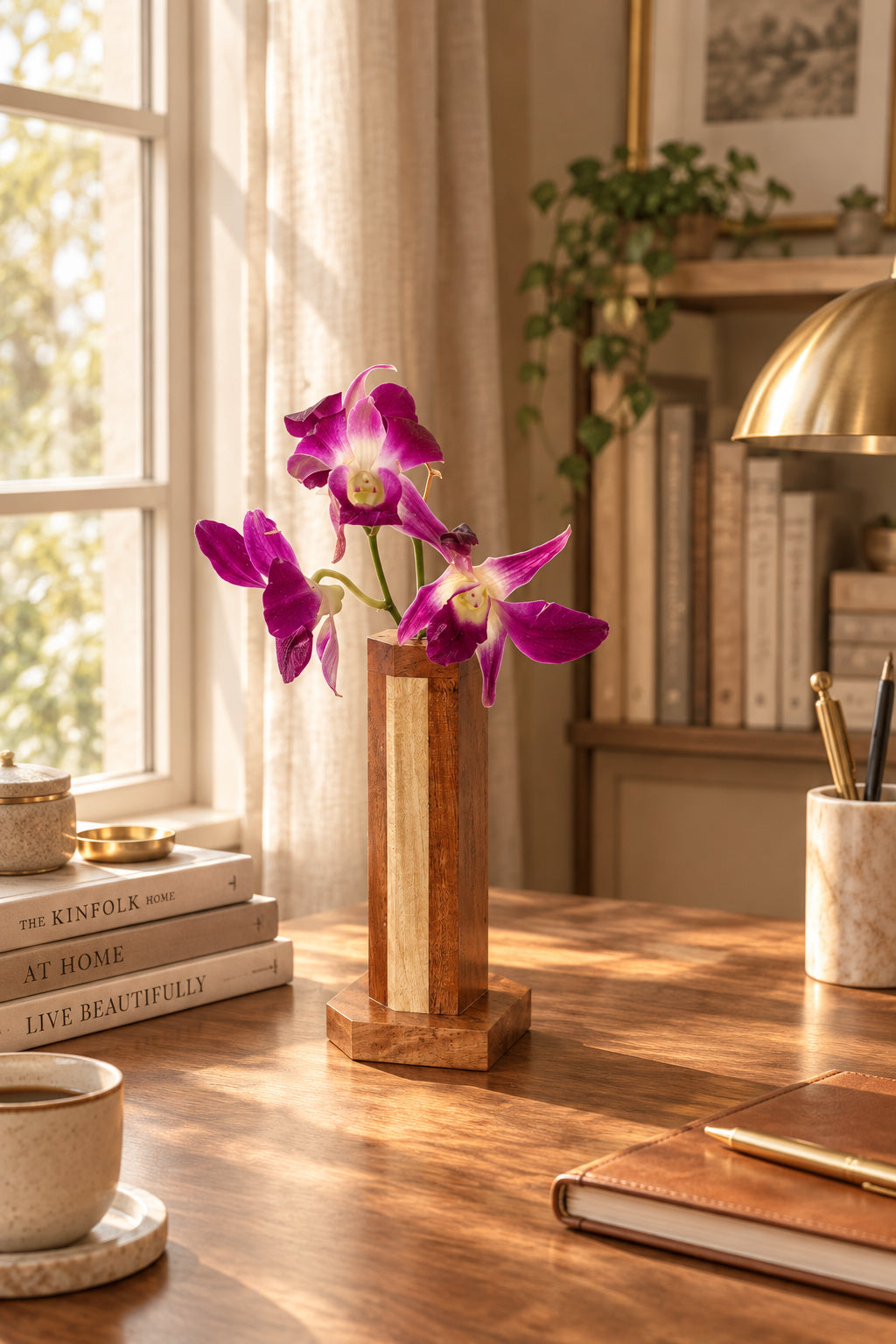 A purple and white orchid flower arranged in a tall rectangular wooden vase with a striped wood insert, placed on a wooden surface against a white wall.