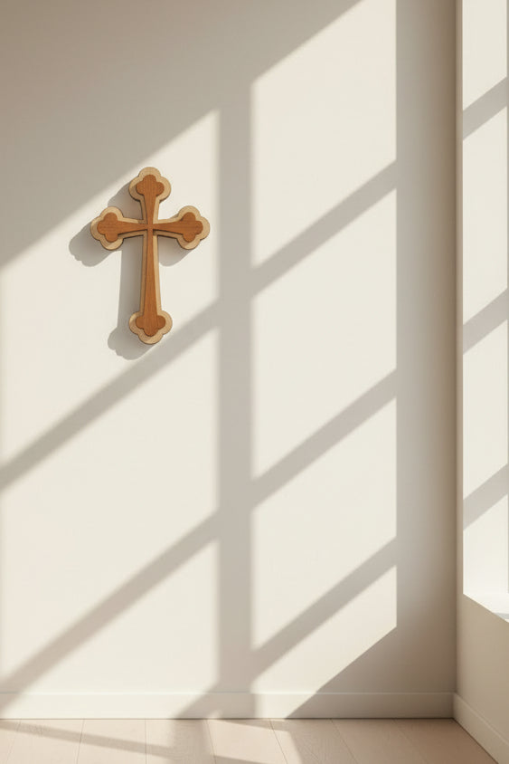 A wooden wall cross with a carved quatrefoil design on each arm, shown against a plain off-white background.
