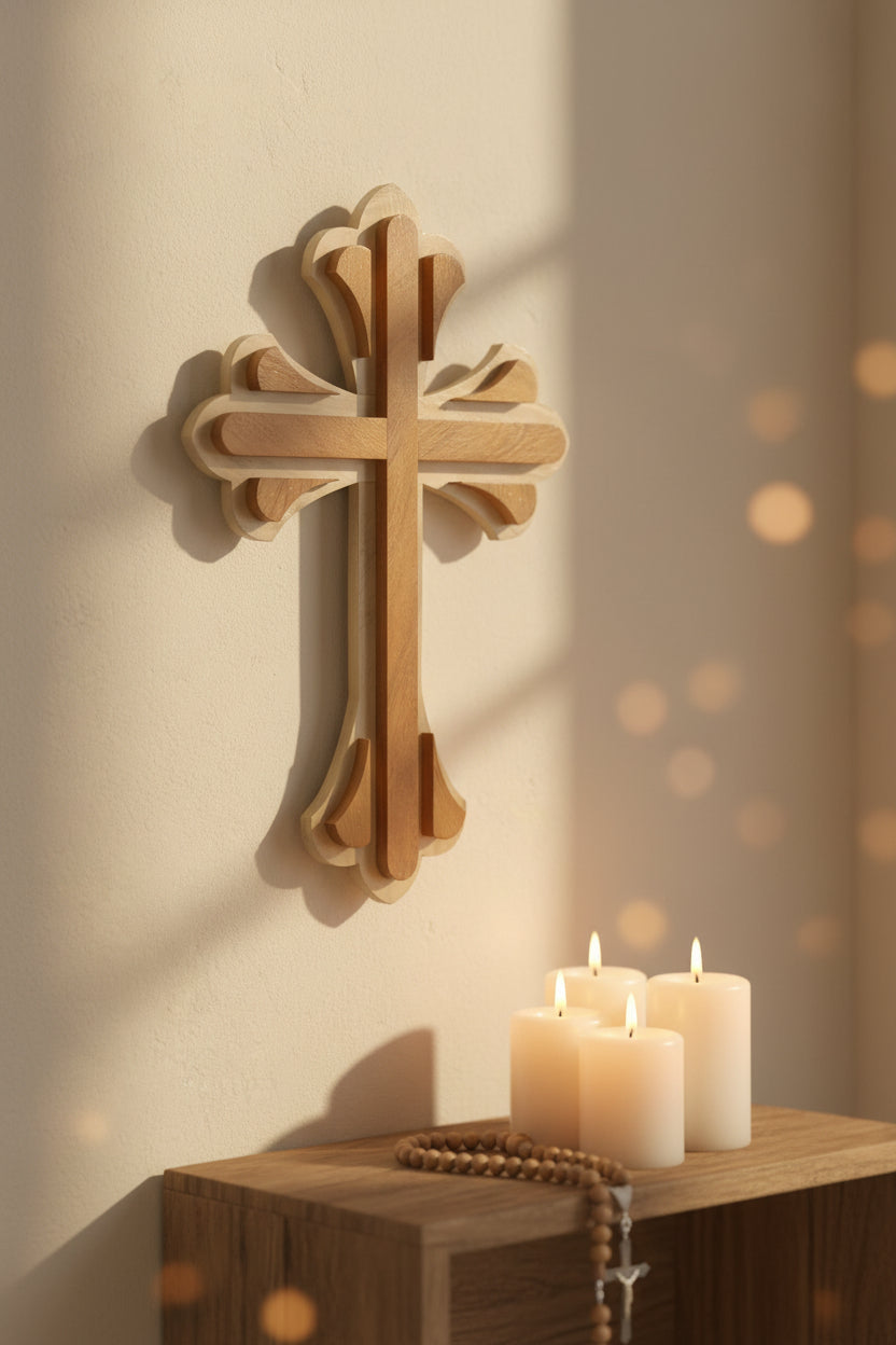 A light natural wood wall cross with a decorative, layered design, mounted on a plain off-white wall.