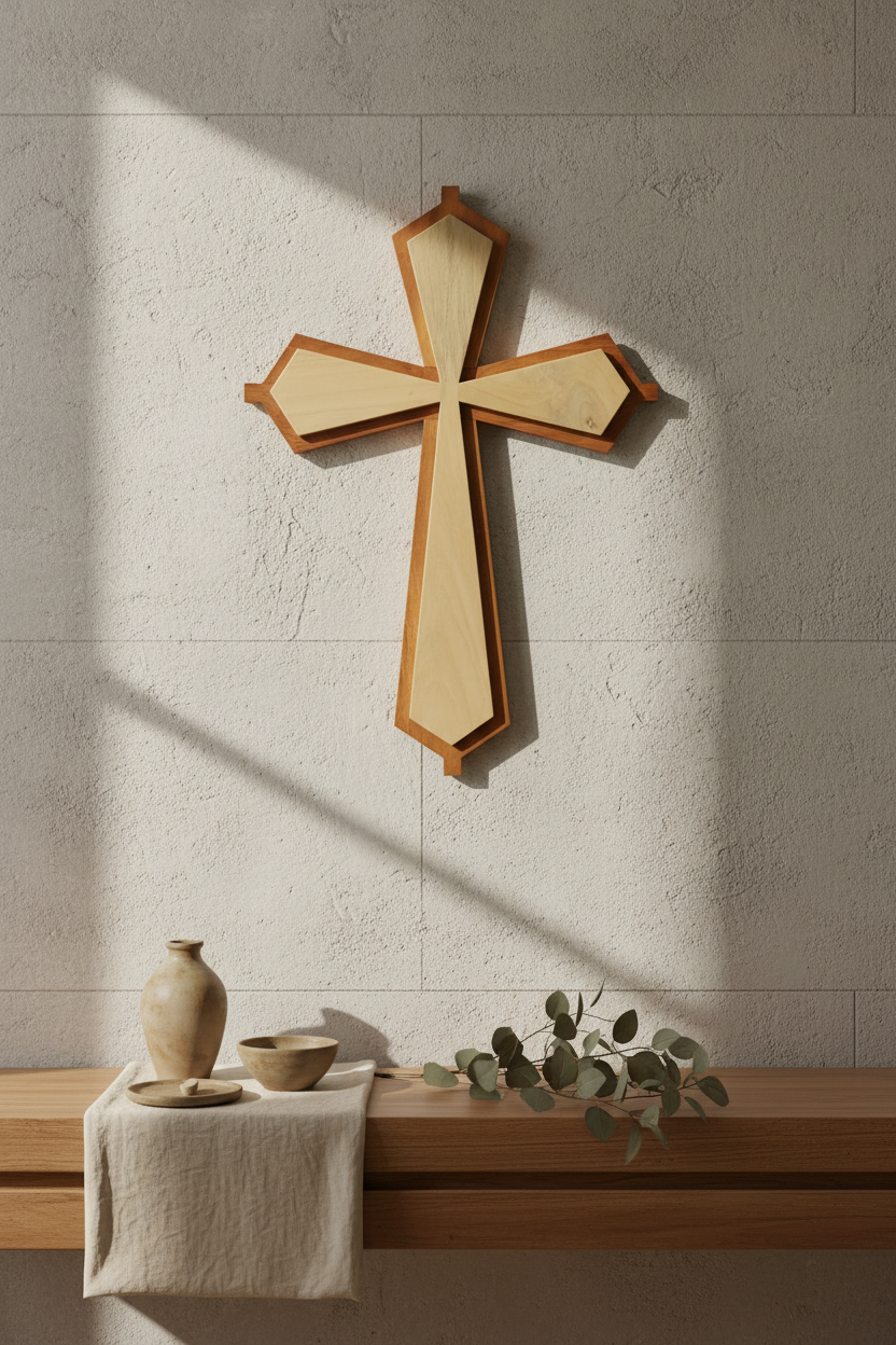 A wooden wall cross with a light beige center panel and medium brown outer frame, mounted on a textured light gray wall above a wooden shelf with a draped cloth, small ceramic vase, bowl, and eucalyptus sprigs.