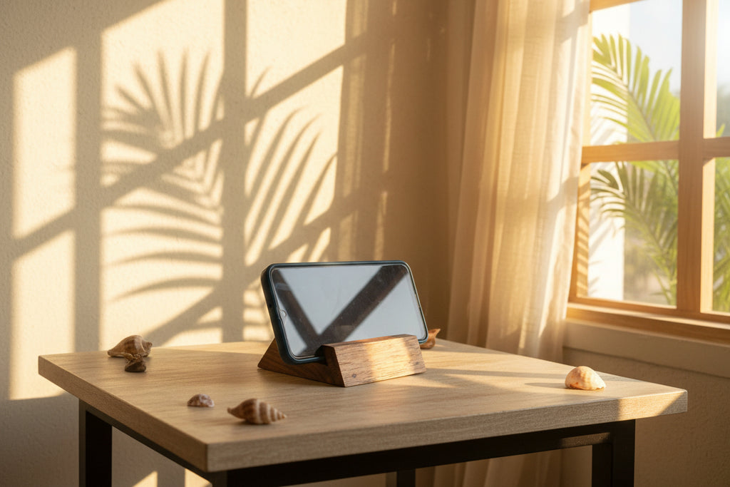 Wooden triangle mobile stand holding smartphone for hands-free viewing on desk