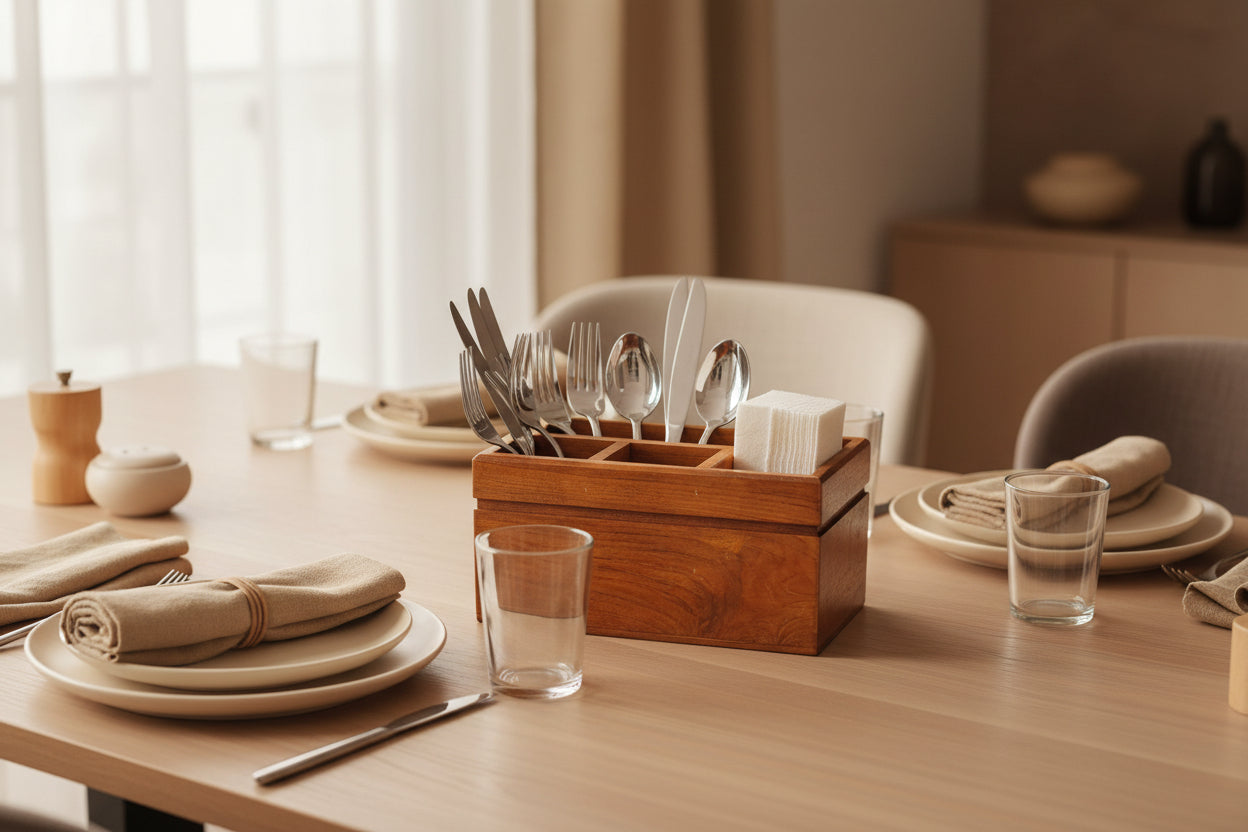 Wood grain texture of premium cutlery organizer with integrated tissue slot