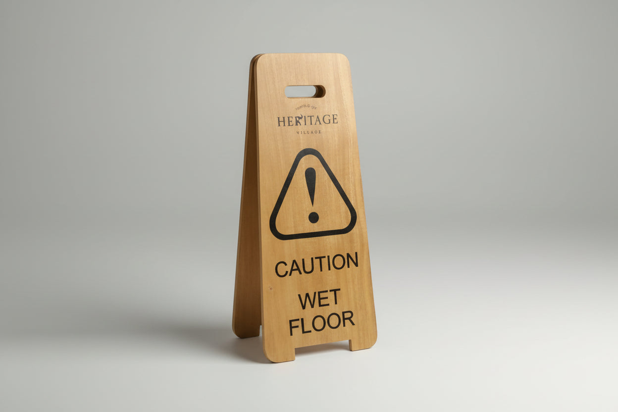 Wooden 'Caution Wet Floor' sign with Heritage Village branding on a white background