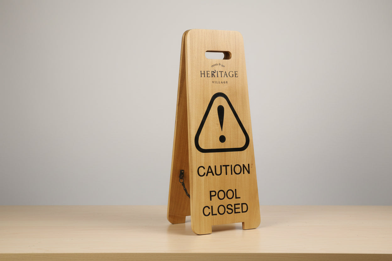 Wooden Pool Closed sign with a warning symbol on a wooden door