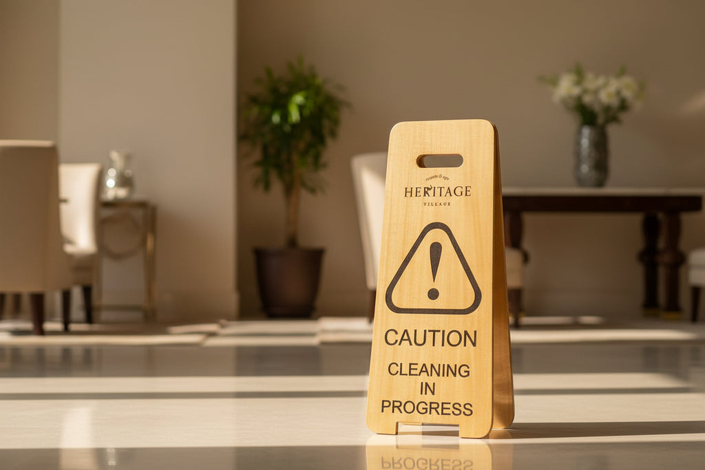 Wooden cleaning in progress floor sign with logo, handcrafted safety sign for hotels and restaurants, placed on floor to indicate ongoing cleaning area, durable and clearly visible design