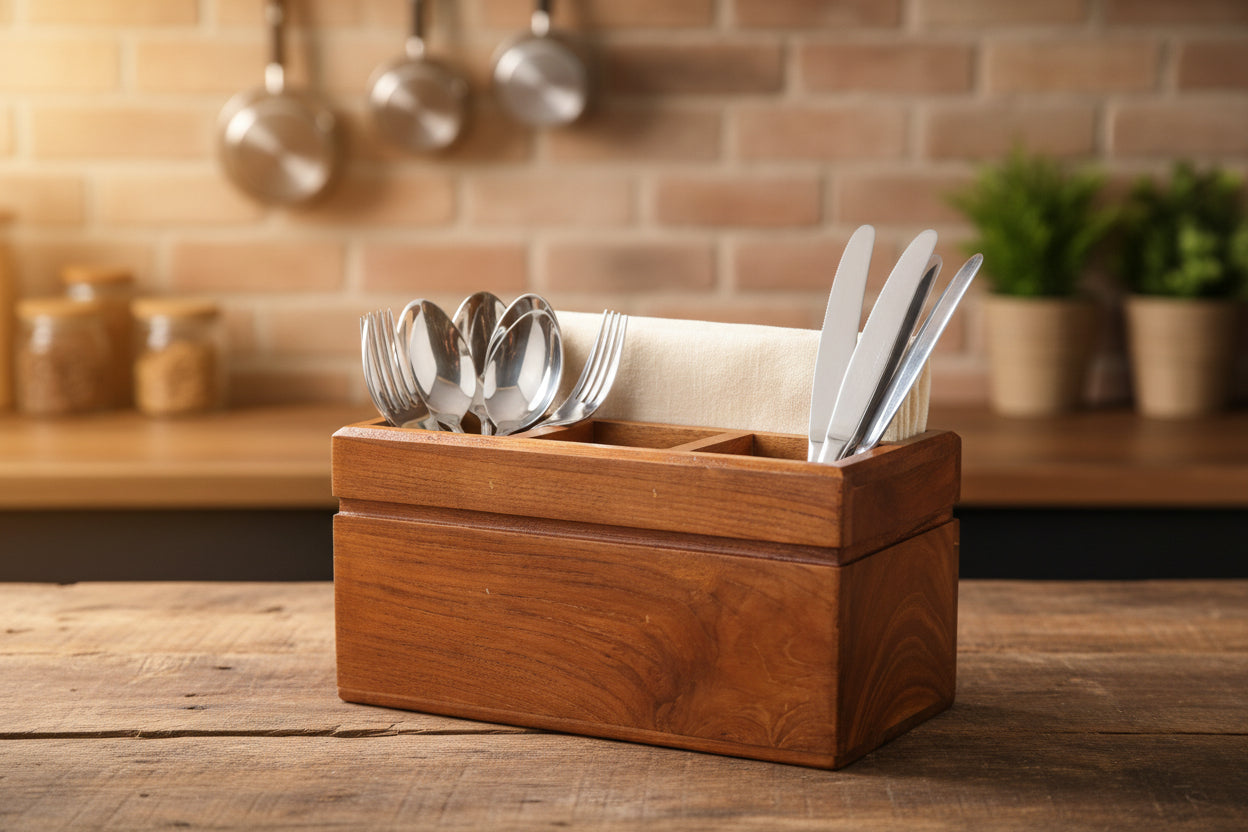 Wooden cutlery organizer with tissue holder placed on a modern kitchen counter