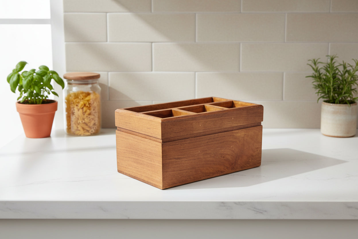 Wooden cutlery stand with compartments and tissue holder for dining table organization
