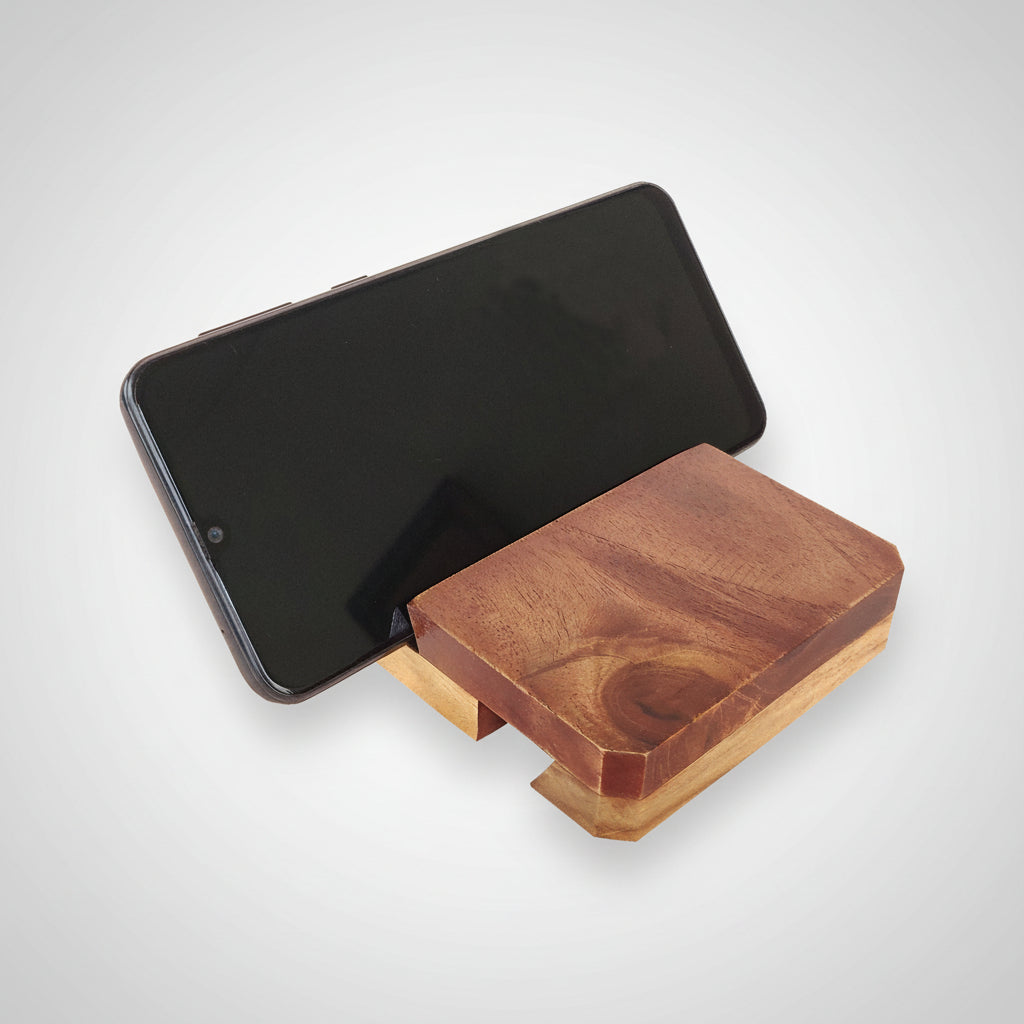 Wooden three-way mobile stand with adjustable viewing positions for desk or table.